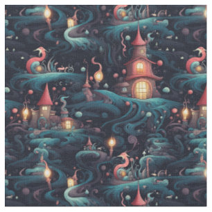 Create Your Own Mystical Forest Village Coral Blue Fabric
