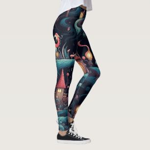 Create Your Own Mystical Forest Village Coral Blue Leggings
