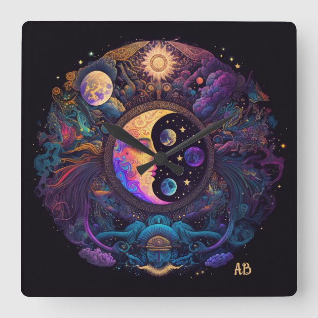 Create Your Own Mystical Man in Moon Square Wall Clock (Front)