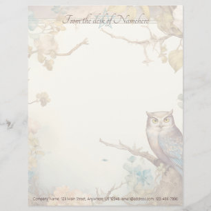 Create Your Own Mystical Owl Peach Blue Floral Custom Letterhead