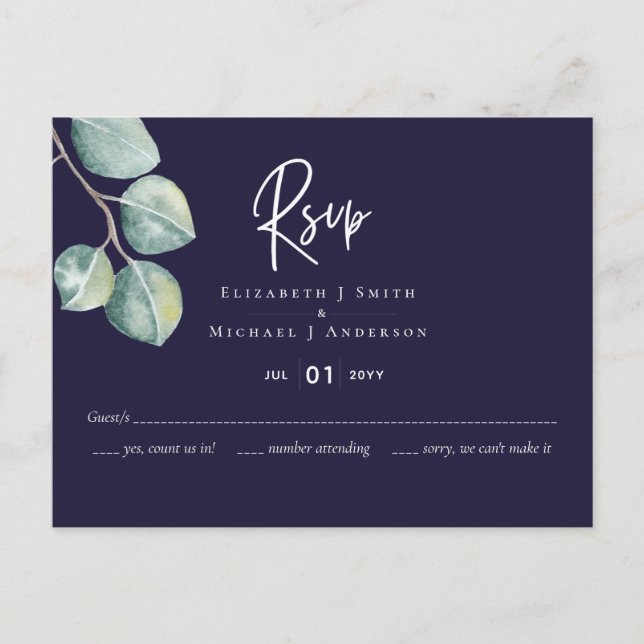 Create Your Own Navy White Eucalyptus RSVP Postcar Postcard (Front)