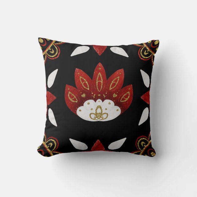 Create Your Own Nordic Red & Gold Folk Art Flower Cushion (Front)