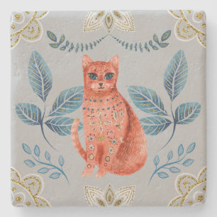 Create Your Own Nordic Style Yule Red Cat Stone Coaster
