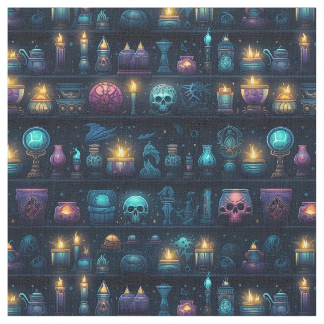 Create Your Own Occult Candles & Skulls Blue Fabric (Close Up)