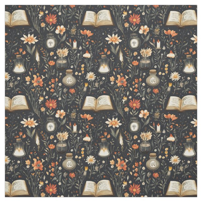 Create Your Own Orange Wildflowers Dark Grey  Fabric (Swatch)