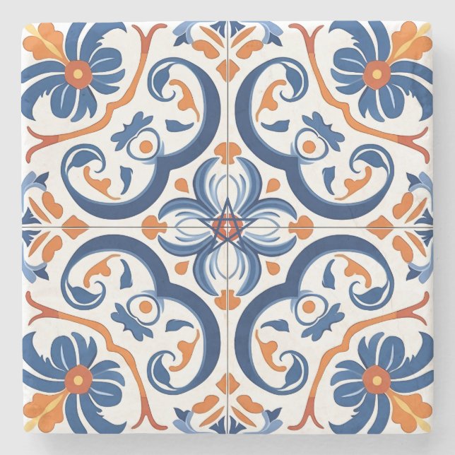 Create Your Own Ornamental Blue Orange Red Stone Coaster (Front)