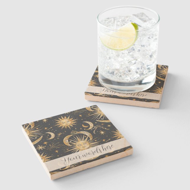 Create Your Own Ornate Celestial Blue & Gold Stone Coaster (Side)