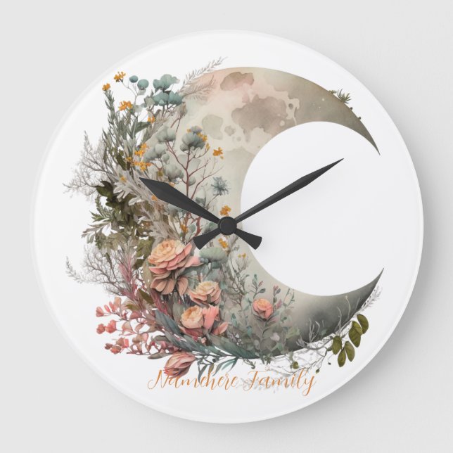 Create Your Own Peach Roses Floral Crescent Moon Large Clock (Front)