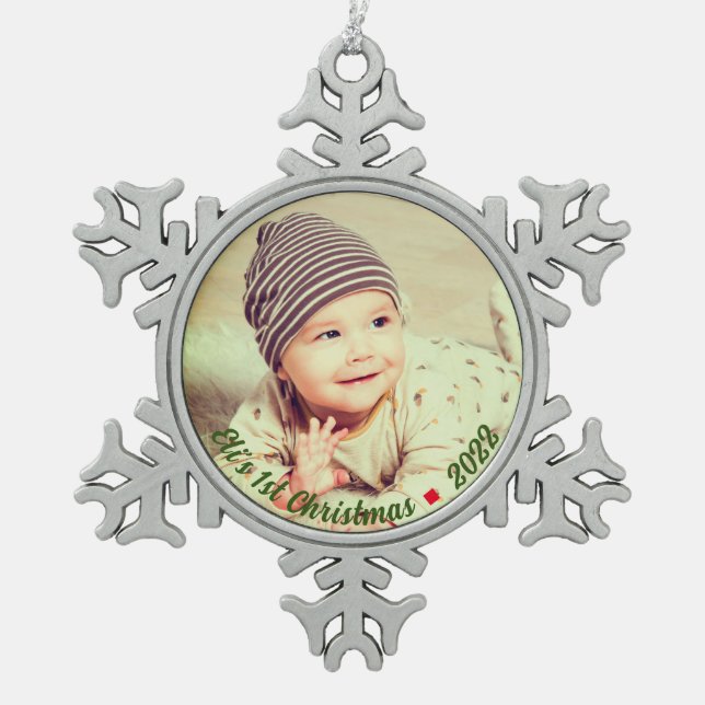 Create Your Own Personalised Baby Photo Christmas  Snowflake Pewter Christmas Ornament (Front)