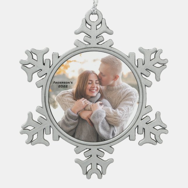 Create Your Own Personalised Family Photo Snowflake Pewter Christmas Ornament (Front)