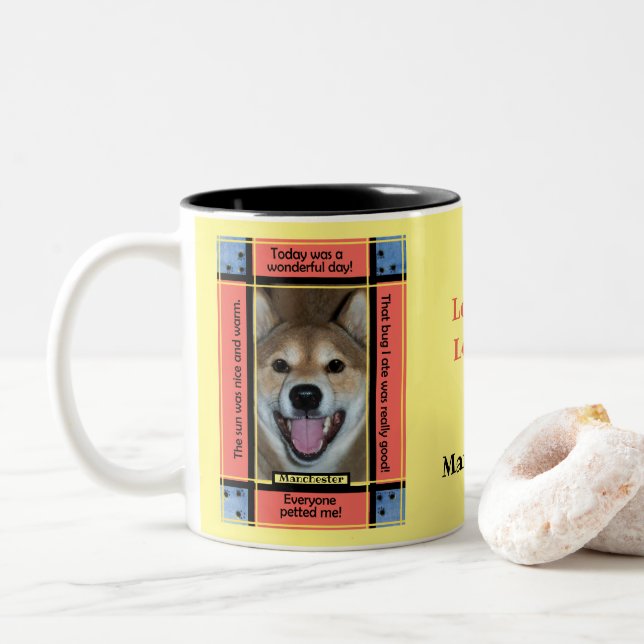 Create Your Own Pet Dog Cat Photo Funny Yellow Two-Tone Coffee Mug (With Donut)