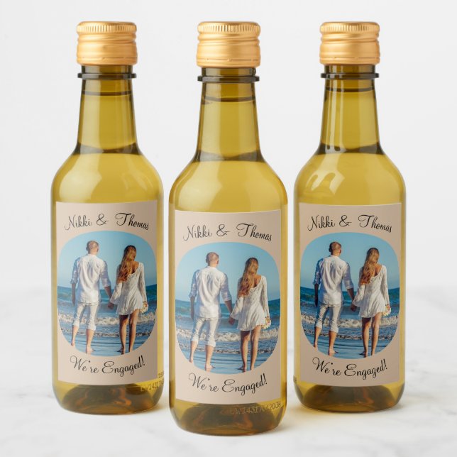 Create Your Own Photo Beige Engagement Name Couple Wine Label (Bottles)