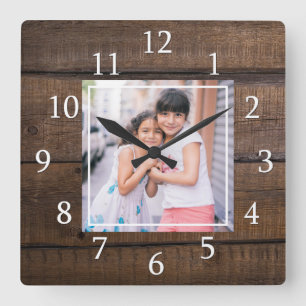 Create Your Own Photo Brown Wood Square Wall Clock