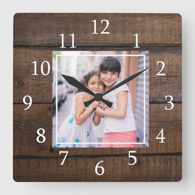 Create Your Own Photo Brown Wood Square Wall Clock (Front)