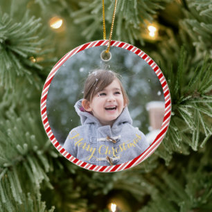 Create Your Own Photo Candy Cane Stripes Christmas Ceramic Tree Decoration