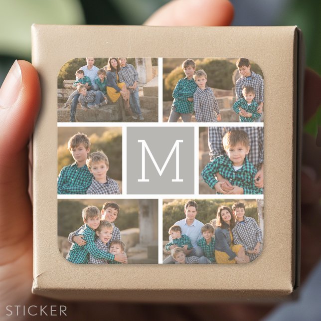 Create Your Own Photo Collage - 6 Monogram Square Sticker (Custom Sticker)