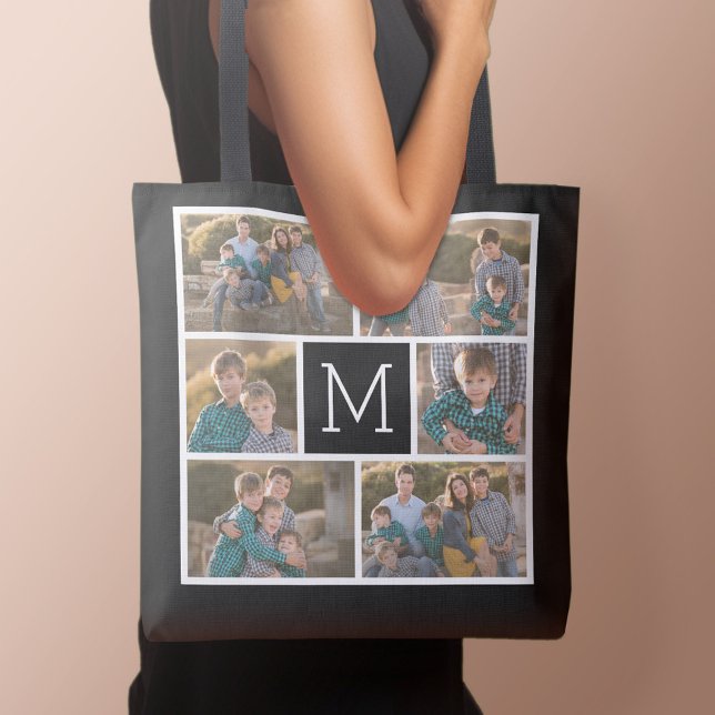 Create Your Own Photo Collage - 6 photos Monogram Tote Bag (Personalized tote bag with photo and text)