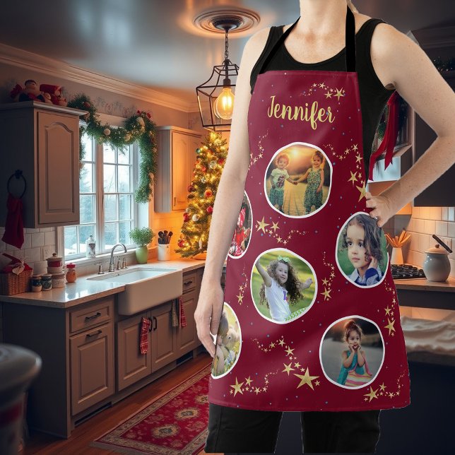 Create your own photo collage Christmas monogram Apron (Create your own unique Christmas family photo collage  monogrammed apron.)