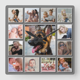 Create Your Own Photo Collage Grey Square Wall Clock