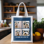 Create Your Own Photo Collage Navy 4 Pictures Reusable Grocery Bag<br><div class="desc">Use four square photos to create a unique and personal gift. Or you can keep the hipster puppy and make a trendy keepsake. If you need to adjust the pictures,  click on the customise tool to make changes.</div>