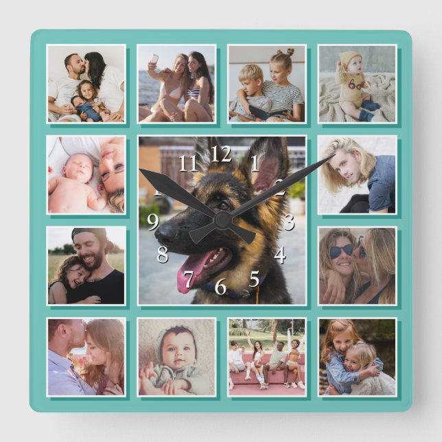 Create Your Own Photo Collage Teal Square Wall Clock (Front)