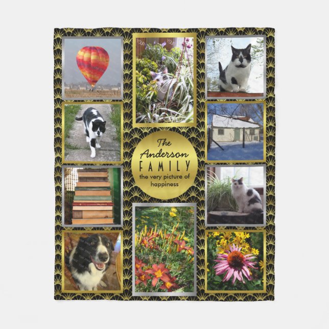 Create Your Own Photo Family Name Black Gold Deco Fleece Blanket (Front)