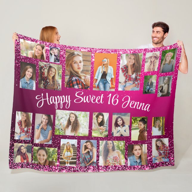 Create Your Own Pink 25 Photo Happy Sweet 16  Fleece Blanket (In Situ)