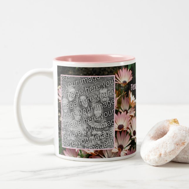 Create Your Own Pink African Daisy Flowers Photo Two-Tone Coffee Mug (With Donut)