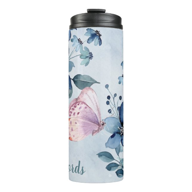 Create Your Own Pink Butterfly & Blue Flowers Thermal Tumbler (Front)