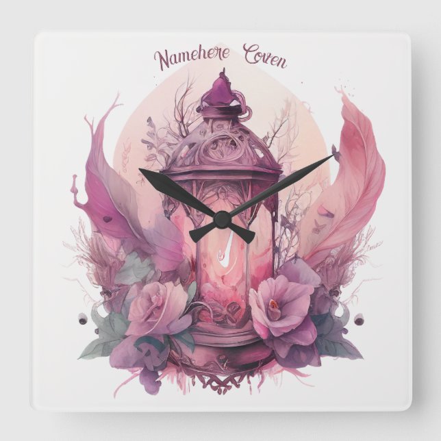 Create Your Own Pink Lantern & Roses Square Wall Clock (Front)