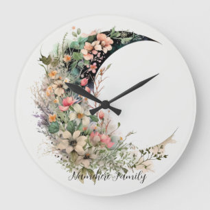 Create Your Own Pink Meadow Floral Crescent Moon Large Clock