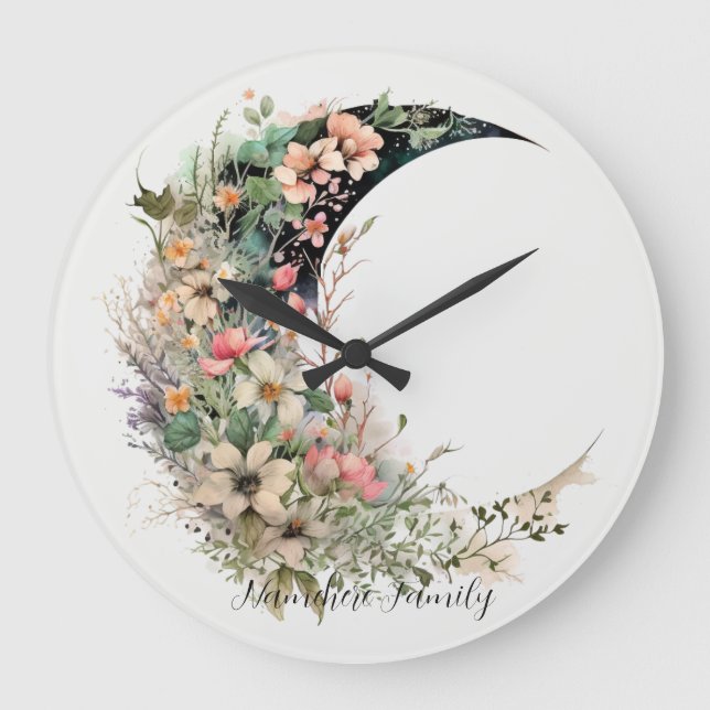 Create Your Own Pink Meadow Floral Crescent Moon Large Clock (Front)