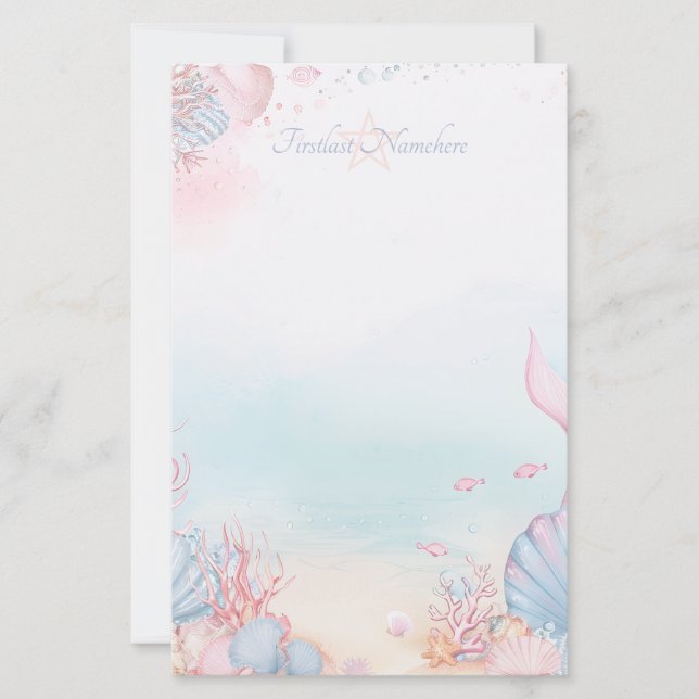 Create Your Own Pink Mermaid Tail Sea Shells Stationery (Front)