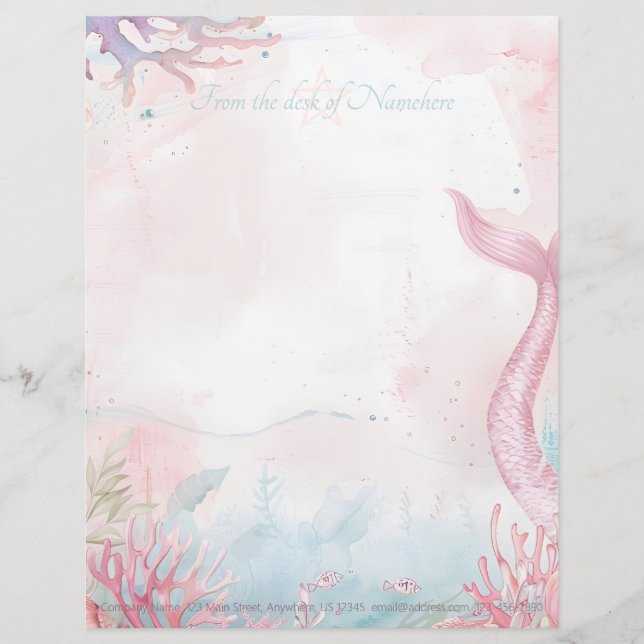 Create Your Own Pink Mermaid Tail Seascape Custom Letterhead (Front)