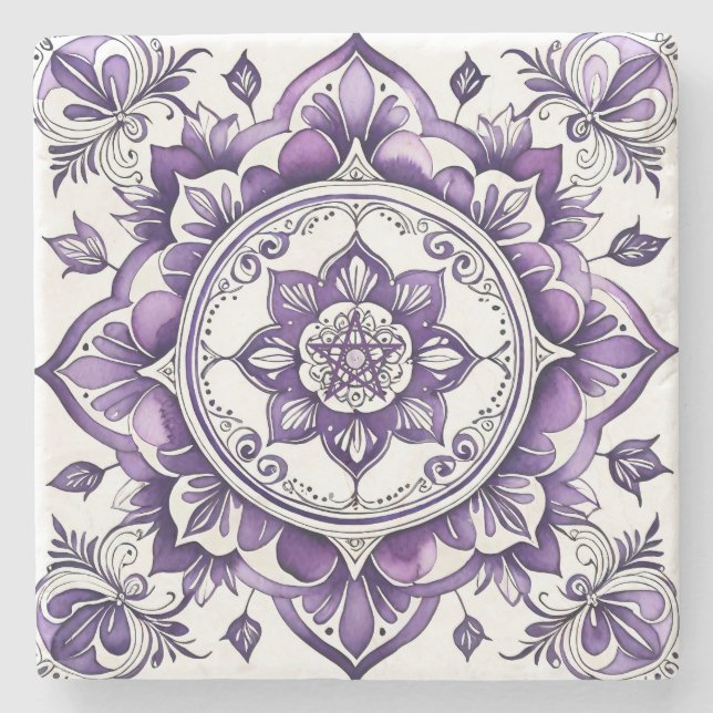 Create Your Own Plum Purple Flower Mandala Stone Coaster (Front)