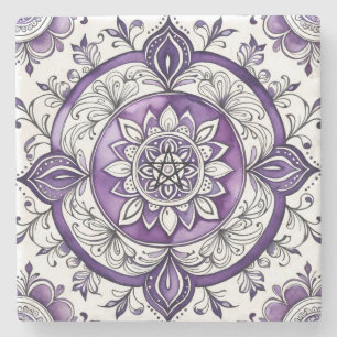 Create Your Own Purple Flower Mandala Floral Stone Coaster