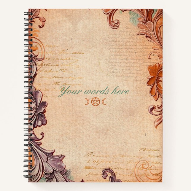 Create Your Own Purple Orange Scrollwork Parchment Notebook (Front)