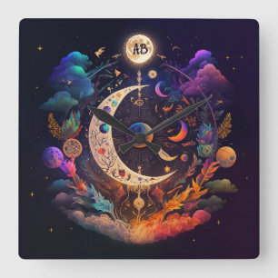 Create Your Own Rainbow Crescent Moon & Wildflower Square Wall Clock