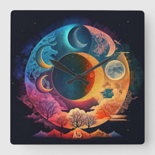 Create Your Own Rainbow Moons & Mountains Square Wall Clock