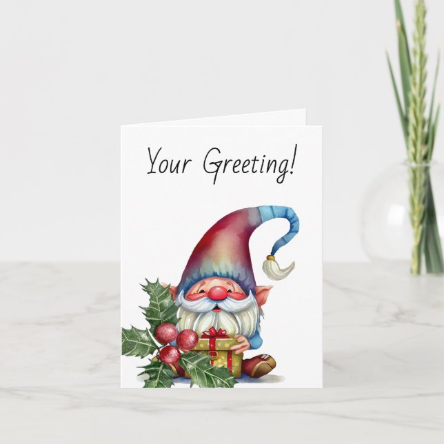 Create Your Own Red & Blue Gnome Present Holiday Card (Front)