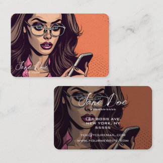 Create Your Own Retro Girl in Glasses on Phone Business Card