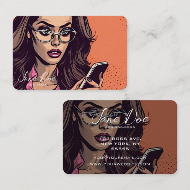 Create Your Own Retro Girl in Glasses on Phone Business Card (Front/Back)