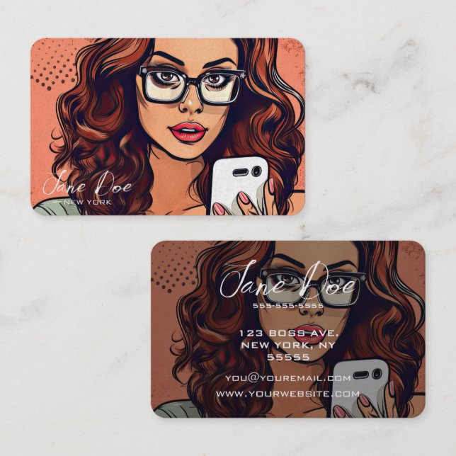 Create Your Own Retro Lady in Glasses on Phone Business Card (Front/Back)