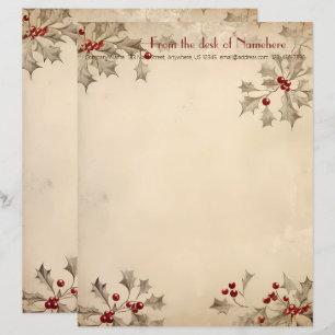 Create Your Own Retro Red Grey Holly Berries Custom Letterhead