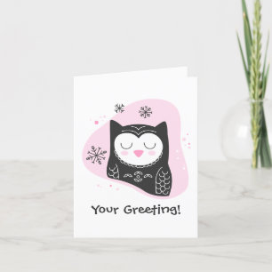 Create Your Own Retro Snow Owl Pink Christmas Holiday Card