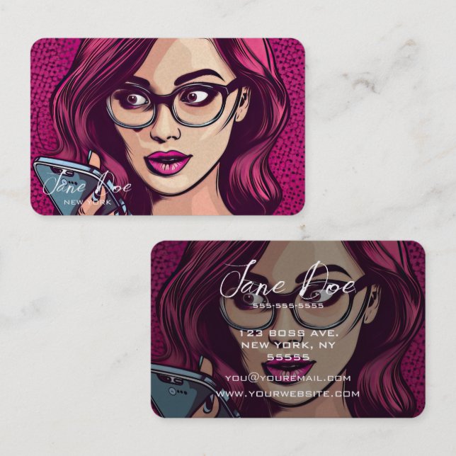 Create Your Own Retro Woman in Glasses on Phone Business Card (Front/Back)