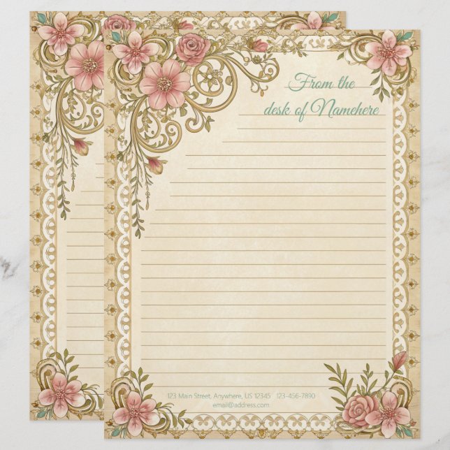 Create Your Own Romantic Pink Lacey Floral Notes Custom Letterhead (Front/Back)