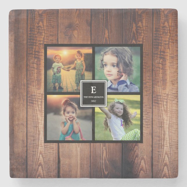 Create your own rustic family photo collage stone coaster (Front)