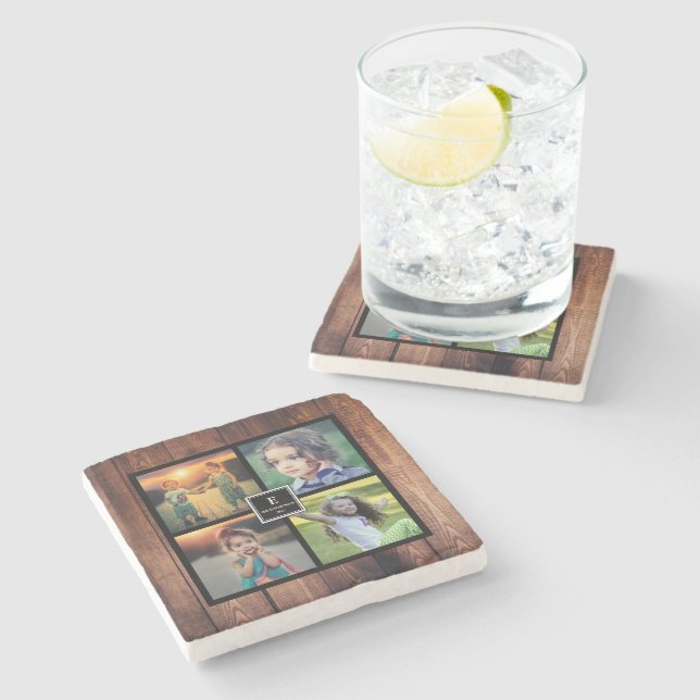 Create your own rustic family photo collage stone coaster (Side)