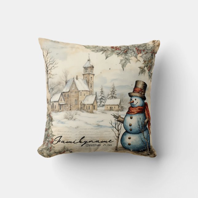 Create Your Own Rustic Snowman Church Scene Cushion (Front)